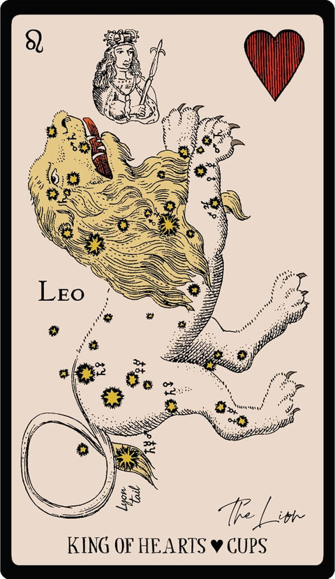 Tarot korta Leo (King of Hearts/Cups) – vertikali smėlio spalvos priekinė korta su auksinėmis žvaigždėmis ir liūto iliustracija