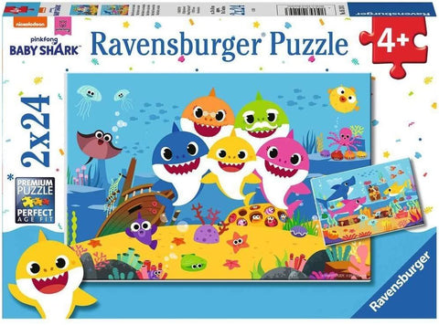 Dėlionė Ravensburger Baby Shark 2x24 d., spalvingi jūros personažai ir antra mažesnė scena, skirta 4+ vaikams