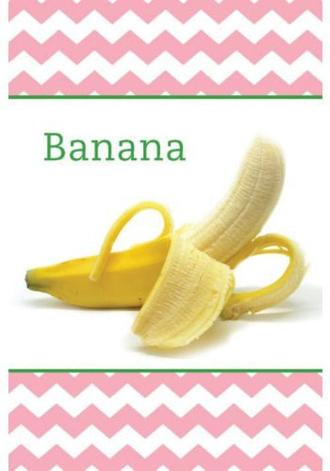 Bananai prinokę geltoni, pusiau nulupti vaisiai ant balto fono, išryškinti rožinėmis zigzago kraštinėmis