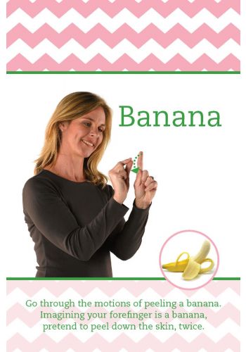 Bananas, instrukcinė kortelė kur moteris imituoja banano lupimą, su maža nulupto banano piktograma ir pratimų tekstu