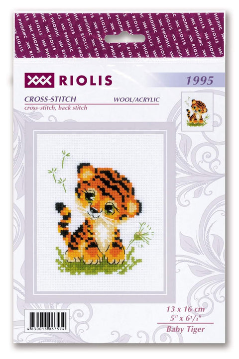 Kryželių rinkinys Riolis Baby Tiger, oranžinis tigrukas 13×16 cm, vilna/akrilas, pakuotėje matomas galutinis siuvinys