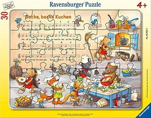 Dėlionė Ravensburger 30 dalių: spalvinga vaikų virtuvės scena su kepančiais gyvūnėliais, parodyta dėžutės priekiniame dizaine