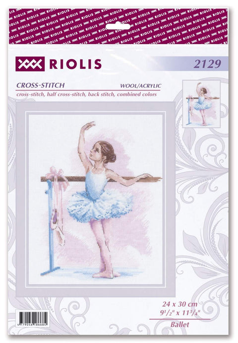 Kryželių rinkinys Riolis su balerinos piešiniu mėlyna tutu, komplektas 24×30 cm matomas ant pakuotės priekio, skirtas baletui