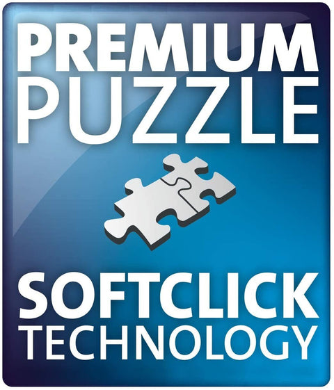 Dėlionė su Softclick technologija – mėlynas „Premium“ ženklelis, pabrėžiantis tvirtus, lengvai sujungiamos dalis