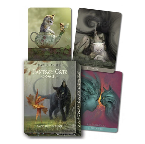 Orakulo kortos Fantasy Cats (Paolo Barbieri) — dėžutė su juodu katės viršeliu ir trimis pavyzdinėmis iliustruotomis kortomis