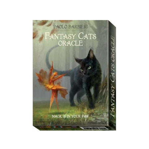 Orakulo kortos Fantasy Cats Paolo Barbieri, priekio kampu parodyta dėžutė su juodu katinu ir rudais lapų personažais
