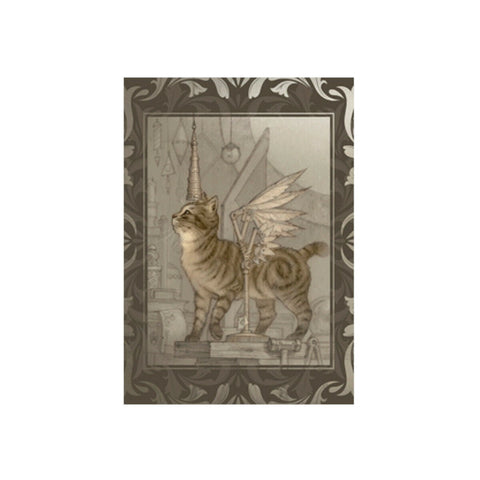 Plakatas rudas steampunk stiliaus katinas su mechaninėmis sparnais ir ornamentiniu rėmu, puikiai tinka dekoruoti kambarį arba studiją