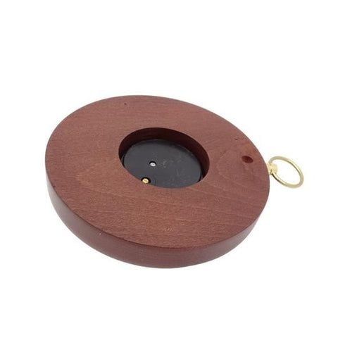 medinis laikrodžio korpusas, apvalus rudas, atvira nugarėlė su matomu juodu mechanizmo skyriumi ir auksine kilpa pakabinimui