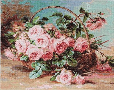 Siuvinėjimo rinkinys rožių krepšelis, detalus 40×30 cm modelis su rausvomis rožėmis ir viena gėle priekyje