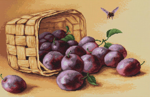 Slyvos purpurinės, prinokusios ir blizgios, išsiliejusios iš gulimos pintinės ant medinio stalo, arti planas