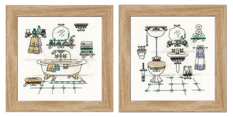 Rėminis sienos piešinys, šviesaus ąžuolo rėmas, dviejų panelių vonios kambario eskizai su spalvotais akcentais, 30×30 cm kiekvienas