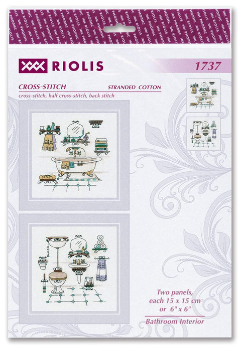 Kryželių rinkinys Riolis — „Bathroom Interior“, 2 panelės po 15×15 cm, dvi šviesios vonios motyvų kompozicijos ant pakuotės