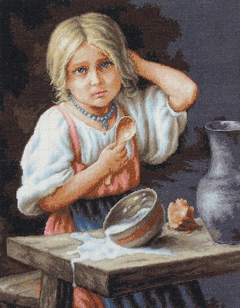 Kryželiu siuvinėjimo rinkinys: mažos mergaitės su išpiltu pienu scena, šiltos natūralios spalvos ir 30×40 cm drobė