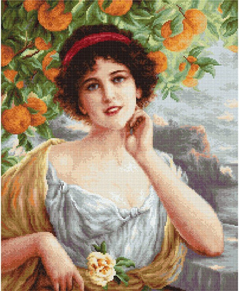 siuvinėjimo rinkinys: elegantiškas moters portretas su apelsinų vainiku, šiltos oranžinės ir rusvos spalvos, 40×50 cm detalus dizainas