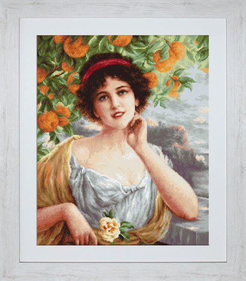 diamond painting rinkinys: moters portretas su oranžiniais mandarinais, baltas medis rėmas, artimas kadras, tinkamas sienai