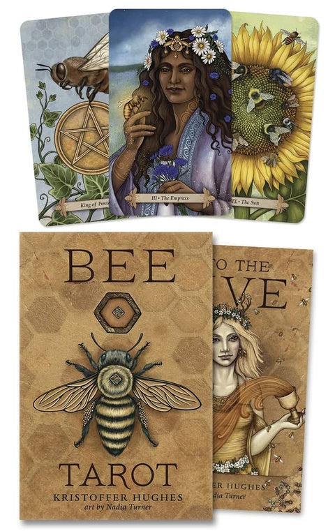 Bee tarot kortų rinkinys, aut. Kristoffer Hughes — bičių viršelis ir atvertos kortos: Imperatorė, Saulė, Pentakliai