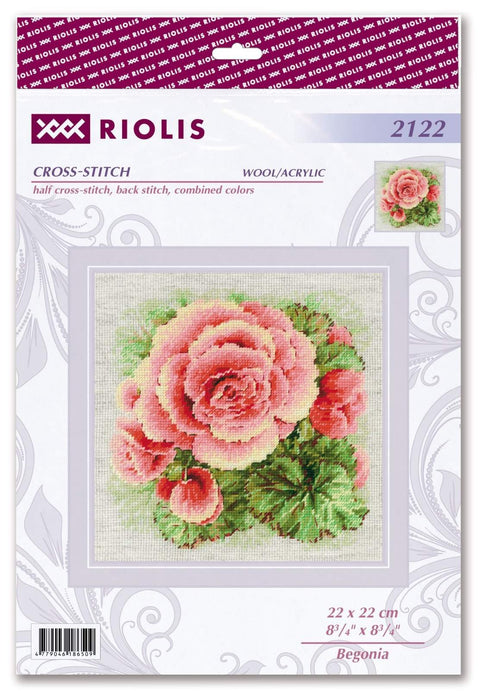 kryželių rinkinys Riolis — begonija rožiniais atspalviais ir žaliais lapais, pakuotės priekis, 22×22 cm komplektas
