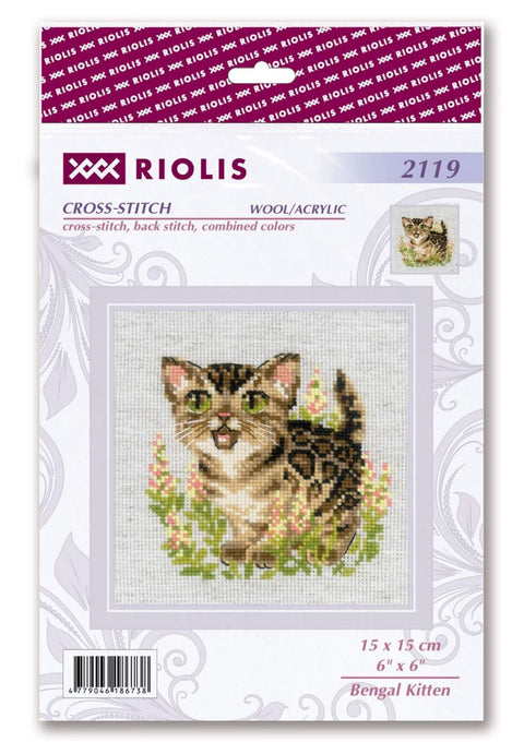 Kryželių rinkinys Riolis Bengal katinėlis 15×15 cm — pakuotė su audiniu, vilna/akrilo siūlais ir schema