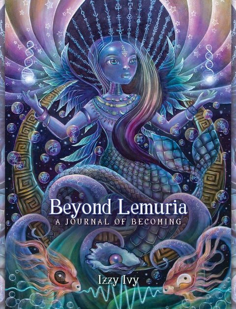 knyga Beyond Lemuria (Izzy Ivy), violetinis iliustruotas priekinis viršelis su mergaite-undine, žuvų ir ornamentų dizainu