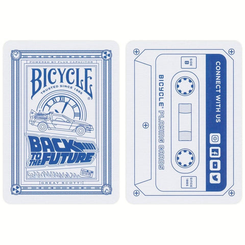 Bicycle žaidimo kortos Back to the Future, mėlynos baltos galinės pusės su DeLorean laikrodžiu ir kasetės dizainu