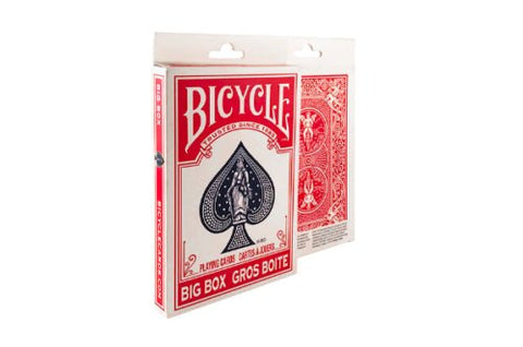 Bicycle kortos, raudonos, dviejų kaladžių didelė dėžė „Big Box“, matomas priekis ir nugarėlė kampu