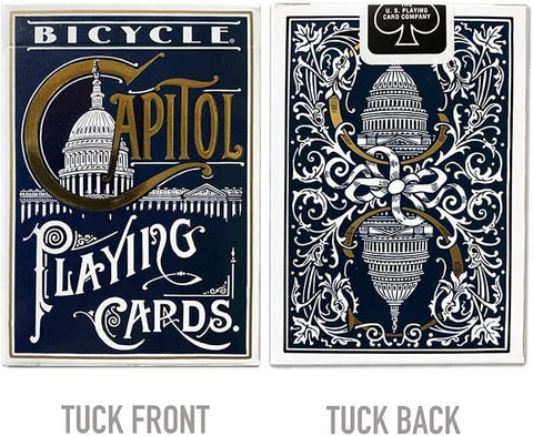 Bicycle Capitol žaidimo kortos tamsiai mėlyname tuck dėkle — priekis su Kapitolijaus iliustracija ir ornamentuota nugarėlė