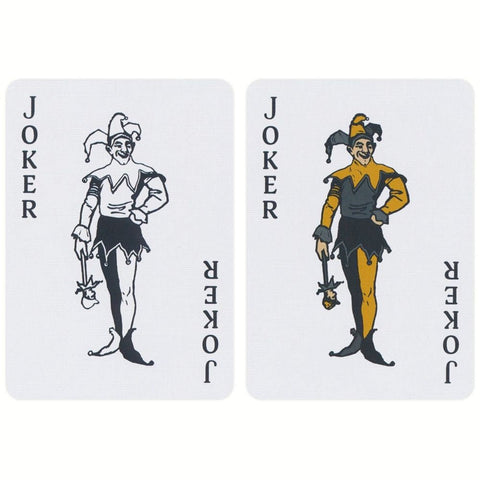Kortos: du Joker kortų variantai – vienas juodai baltas, kitas geltonai ir juodai spalvotas, matomi kortų priekiai