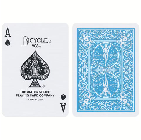Bicycle žaidimo kortos, parodyta Ace of Spades priekinė korta ir mėlyna nugarėlė, kad pirkėjas matytų dizainą ir spalvą