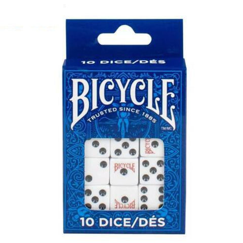 Bicycle kauliukai, baltos 16 mm taškinės, komplektas 10 vnt. skaidrioje langelyje su matomu prekės ženklu priekyje