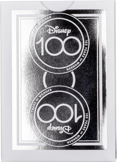 Disney kortos sidabrinėje 100‑mečio kolekcijos dėžutėje su blizgiu logotipu ir vertikalia kompozicija