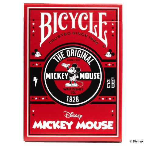Bicycle Mickey Mouse kortų kaladė raudoname dėkle su klasikinio Mickey logotipu, priekis rodo originalų dizainą