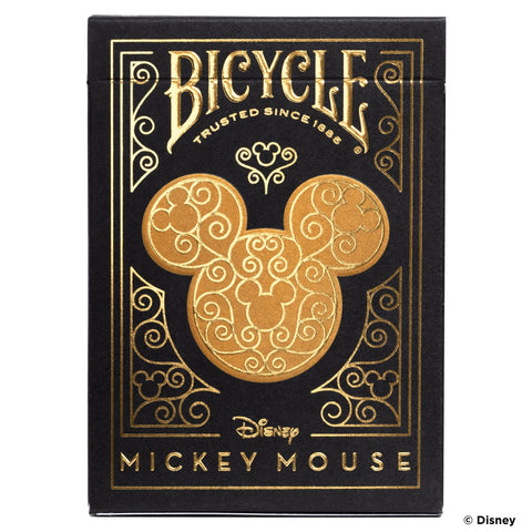 Kortų kaladė Bicycle Disney Mickey Mouse juodoje dėžutėje su įspaustu auksiniu Mikio ornamentu priekinėje pusėje