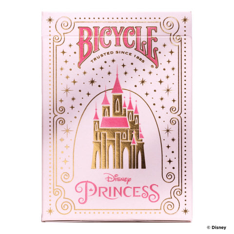 Bicycle kortų kaladė Disney Princess, rožinė dėžutė su aukso pilies iliustracija ir dekoratyviniais žvaigždžių raštais