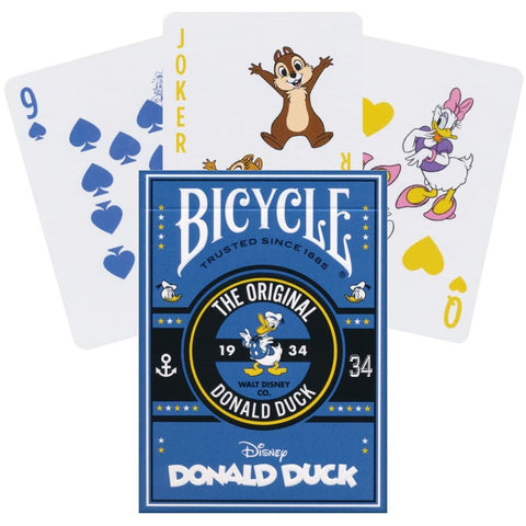 Bicycle Donald Duck žaidimo kortos mėlyname dėkle, priekinis paketas su Donaldu ir keliomis kortomis (Daisy, Joker, 9♠)