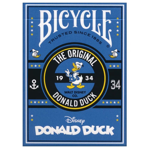 Bicycle Donald Duck kortų kaladė mėlynoje pakuotėje su Disney logotipu ir Donaldo ančiuko emblema centre