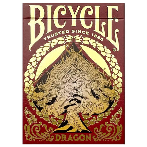 Bicycle kortų kaladė Dragon, raudona su auksine folija ir drakono spade ant priekio, artimas dėžutės priekinis planas