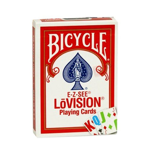 Bicycle žaidimų kortos raudonai baltame dėkle su E‑Z‑SEE LoVision logotipu ir dideliais kampų indeksais, palengvinančiais skaitymą