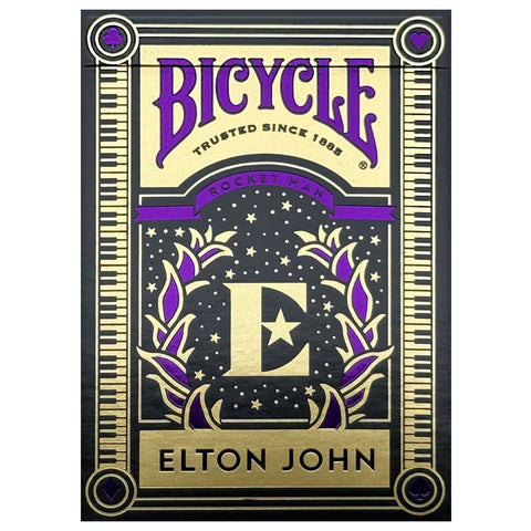 Bicycle kortos Elton John leidimas juodoje dėžutėje su aukso ir purpuro ornamentais, pianino kraštais ir žvaigždėmis