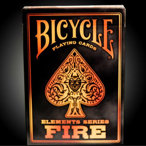 Bicycle kortos juodo ir aukso dizaino, Elements Series Fire pakuotės priekis matomas, kolekcinė versija.