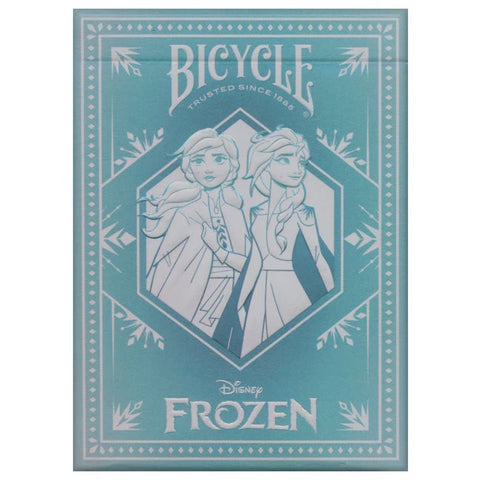 Kortų kaladė Bicycle Disney Frozen turkio spalvos dėkle su Elzos ir Anos piešiniais priekyje, ideali dovanai