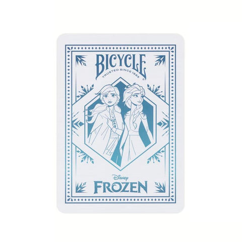 Bicycle žaidimo kortos su mėlyna Frozen nugarėle, stilizuotomis Elzos ir Anos figūromis centre ir klasikiniu rėmu, standartinis dydis