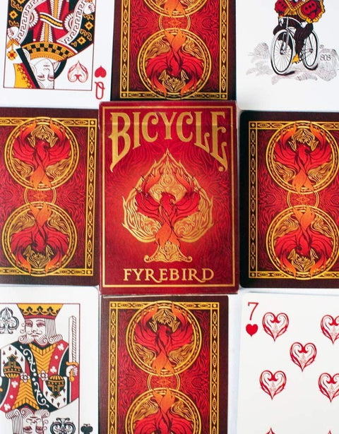 Bicycle kortos Fyrebird – raudona ir auksinė fenikso nugarėlė, dėžutė centre, unikalus dizainas