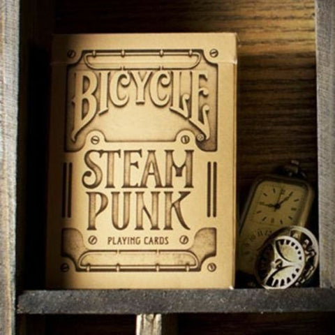 Bicycle Steam Punk žaidimo kortos rudos sepijos dėžutėje su antikvariniu kišeniniu laikrodžiu, stilinga dovanai