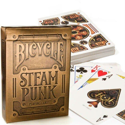 Bicycle Steam Punk lošimo kortos su bronzine dėkle ir išskleistu kaladės fanu, dekoruotos steampunk motyvais