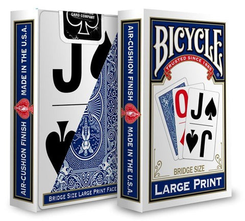 Bicycle kortos Bridge Size Large Print baltai-mėlyno pakuotės: matomas priekinis dizainas, nugarėlės raštas ir šoninis kampas