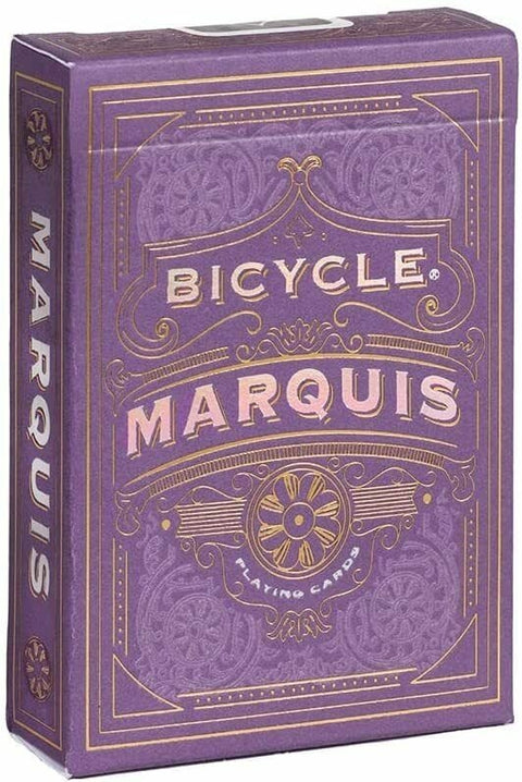 Bicycle Marquis kortų kaladė, violetinė dėžutė su auksiniu reljefiniu ornamentu ir prabangiu graviruotu priekiu