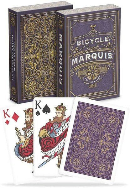 Bicycle Marquis kortos violetinėje dėžutėje su auksiniais ornamentais ir atverstos kortos (karaliai, nugarėlė)