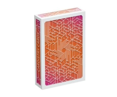 Kortų kaladė Cardistry, rožinė–oranžinė geometrinė nugarėlė dėžutėje, standartinio dydžio, žaismingas iliustratyvus dizainas