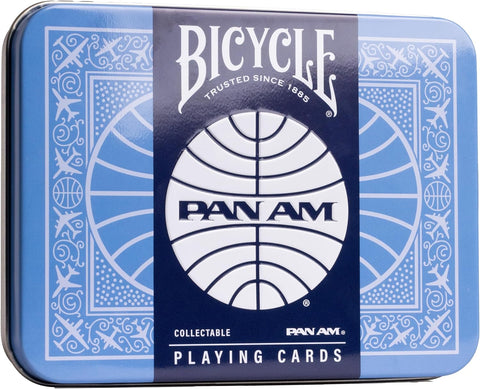 Bicycle kortos metalinėje mėlynoje dėžutėje su Pan Am logotipu ir tradiciniu nugarėlės ornamentu