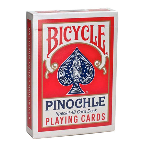 Pinochle kortos Bicycle, raudonas 48 kortų dėklas, specialus komplektas, priekinis vaizdas iš kampo